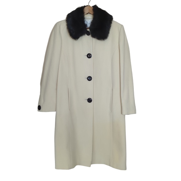Cashmere Wool Blend Off-White Black Faux Fur Collar Long Coat - Picture 8 of 16